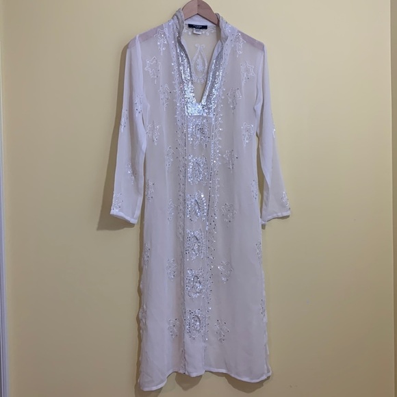 Tokyo Denim Dresses & Skirts - Tokyo Denem White Embroidered Sequin Sheer Long Sleeve Tunic Kimono Dress M